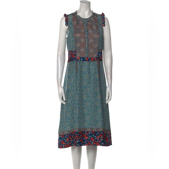MARC BY MARC JACOBS Mairead Patchwork Floral Midi Silk Dress Bluish Green XS - Picture 1 of 12